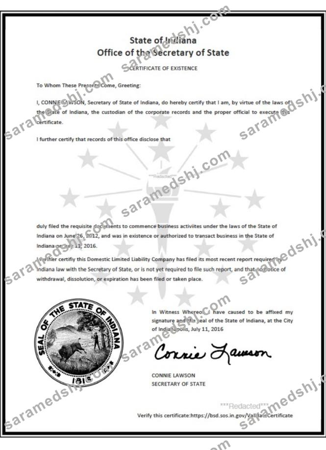 USA Indiana certificate of good standing